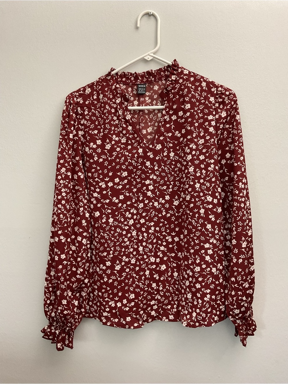 SHEIN Red Floral V-Neck Long Sleeve Blouse